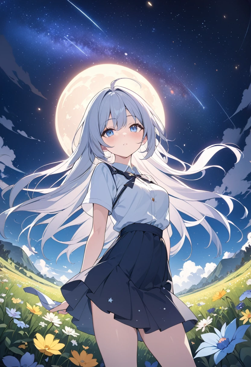 masterpiece, best quality, very aesthetic, absurdres, newest, highest quality, 1girl, solo, long hair, blush, smile, open mouth, bangs, blue eyes, skirt, shirt, hair ornament, ribbon, twintails, school uniform, standing, hair ribbon, white shirt, flower, short sleeves, grey hair, pleated skirt, outdoors, sky, shoes, serafuku, socks, looking back, miniskirt, sailor collar, from behind, tree, blue skirt, kneehighs, petals, night, arms behind back, moon, scrunchie, wind, black socks, night sky, spider lily, covering ass, [detailed face], [detailed eyes], p1ro_sty, <lora:3950e668-65bf-4623-99a7-736489e06d00:0.7>