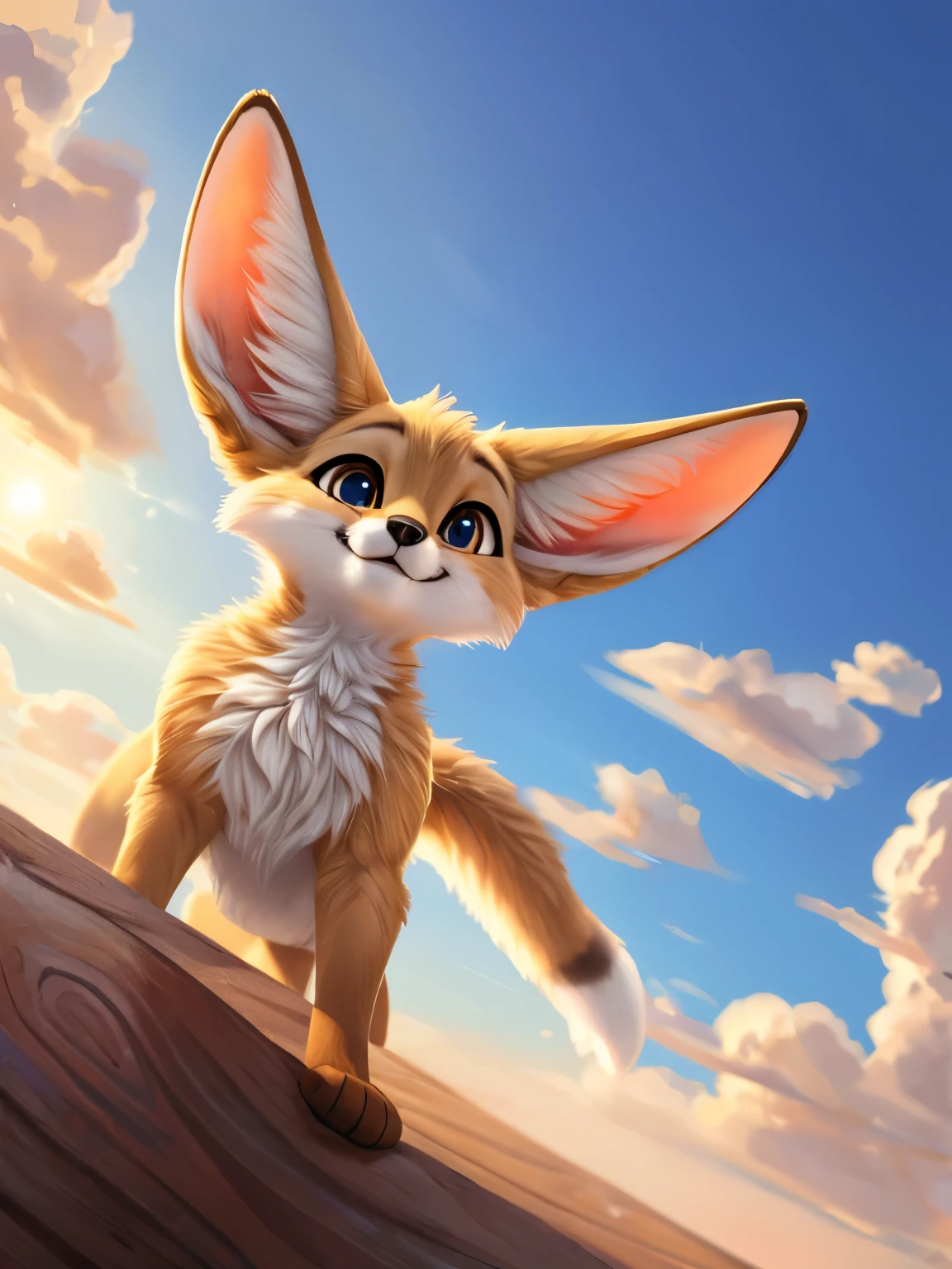 Create an image with the characteristics defined in the tag and avoid using the characteristics defined in the tag .
An anthropomorphic character that resembles a fennec fox, in a happy and smiling pose, with caramel-colored eyes and an expression of happiness.filhote. The character must have soft, fluffy fur, with light coloration, predominantly beige with white details on the face, 가슴, Hands and feet. The ears should be large and wide open., with pink inside. The character has a matte background. The lighting is soft, with natural light, creating light shadows. The sky is clear and blue with few clouds. The character is in the center of the image, captured in a medium shot, with the camera positioned at an angle that captures your face, creating a perspective that highlights the large ears and the cheerful pose. The image should convey a sense of tranquility and fun..
Do not include any characters or elements other than the fennec fox., and the sky. Avoid dark colors, artificial lighting or any weather that is not sunny and bright. Don't use textures or art styles that aren't realistic and smooth..