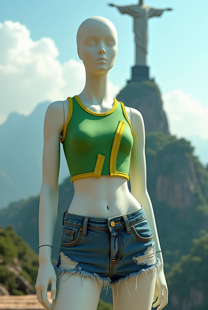 Make a mannequin wearing a green crop top with yellow details, short jeans, with Christ the Redeemer in the background