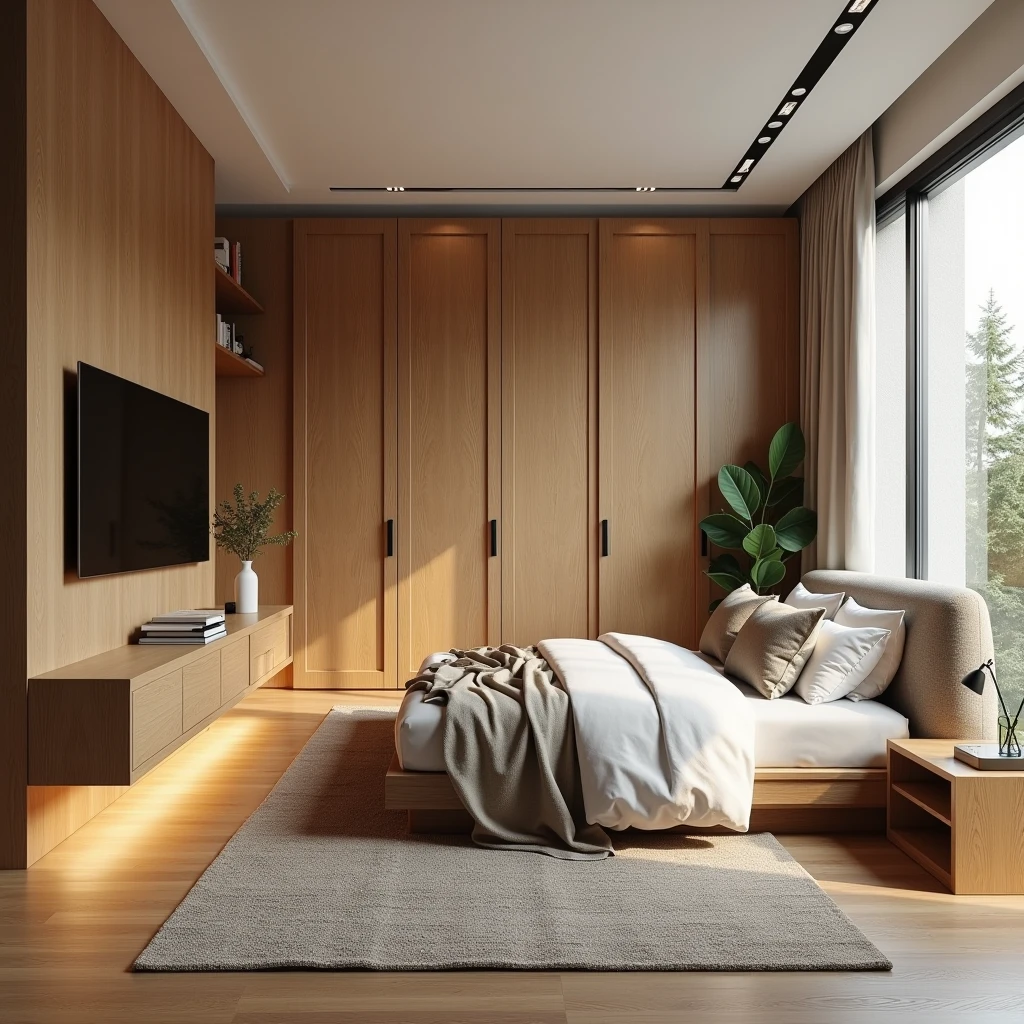 Make a stylish bedroom and wood colors, where you have a large closet next to the bed, tv