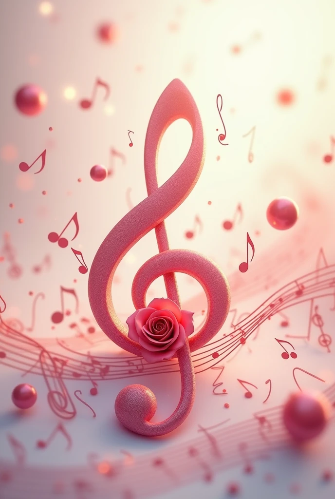 Treble clef with a small rose on its round bottom part and with musical notes surrounding the treble clef