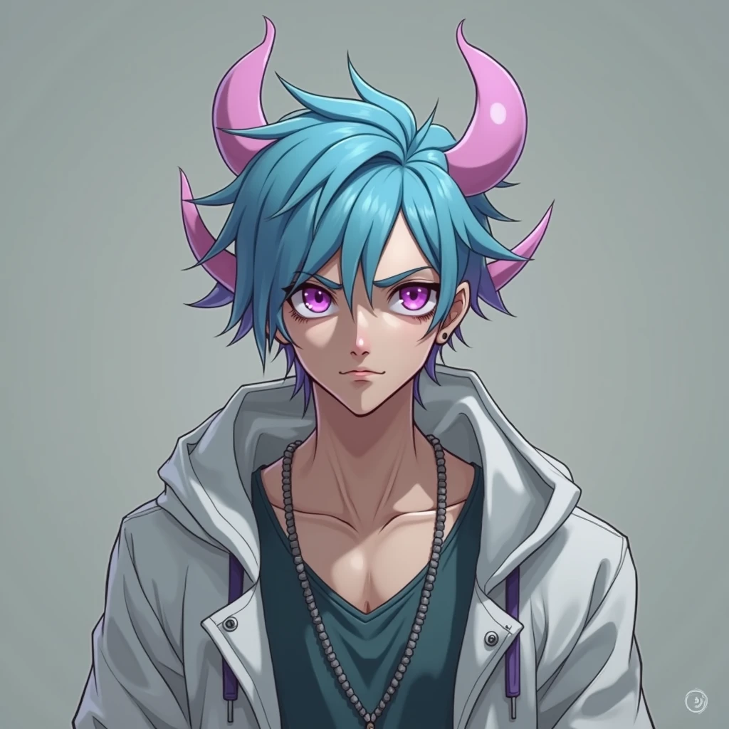 a lanky young man with wild, straight, short violet hair and piercing, narrowed magenta eyes, raised eyebrows, and a knowing smirk, wearing tech gear, an aesthetic hoodie, exuding a tired, intelligent air, anime