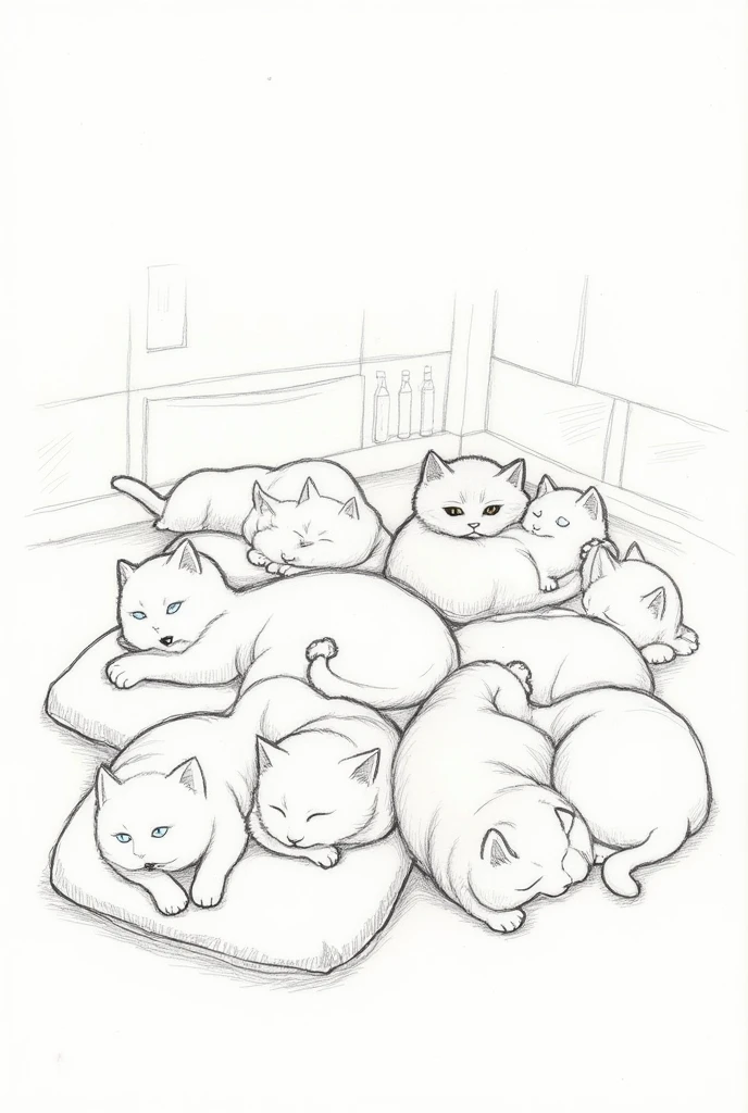 Pencil illustration simple drawing kitten white cat and black cat 10 cats relaxing at home