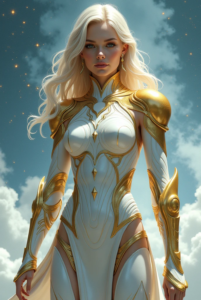 "Create an image of the Aquarius Golden Amazon, with a futuristic and elegant armor. The armor must have details that refer to water and wind, with fluid and undulating patterns. The helmet should have a stylized design that resembles waves or water flows., and the Amazon may be holding a staff or a spear that symbolizes her power over the water element. She must have a serene and inspiring expression, transmitting intelligence and an innovative spirit. The background can be an ethereal environment with clouds and stars., creating a sense of transcendence and mystery."