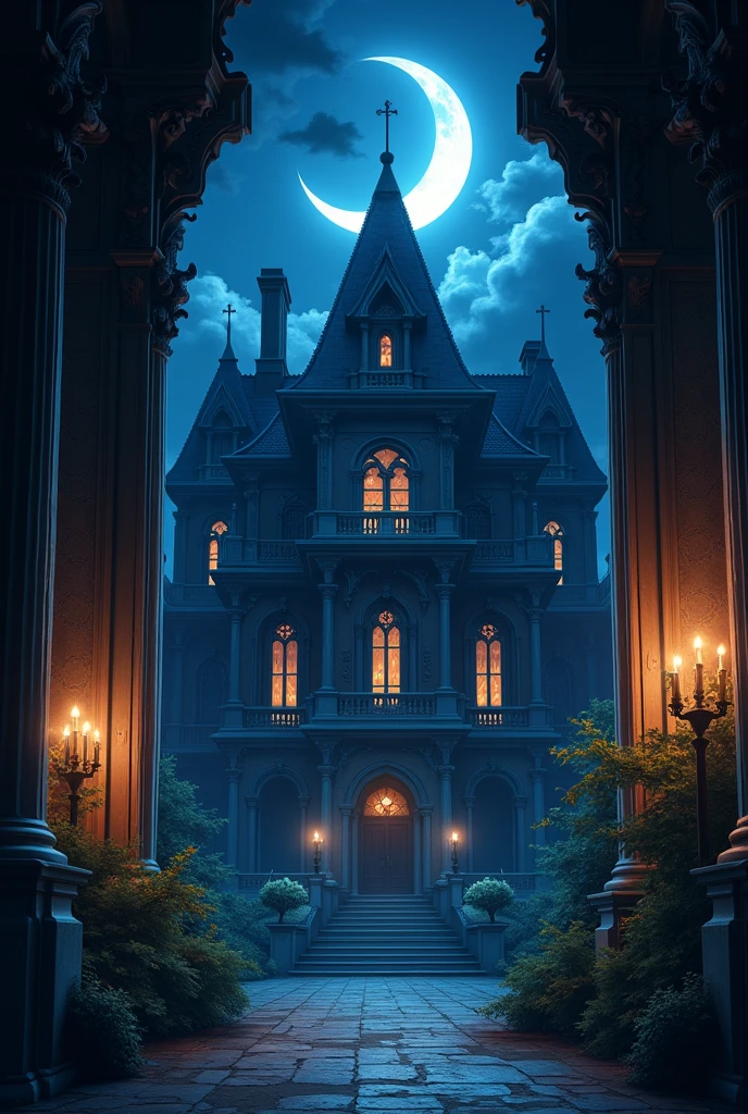 view from inside a scary gothic themed mansion at night blue setting, in anime style
