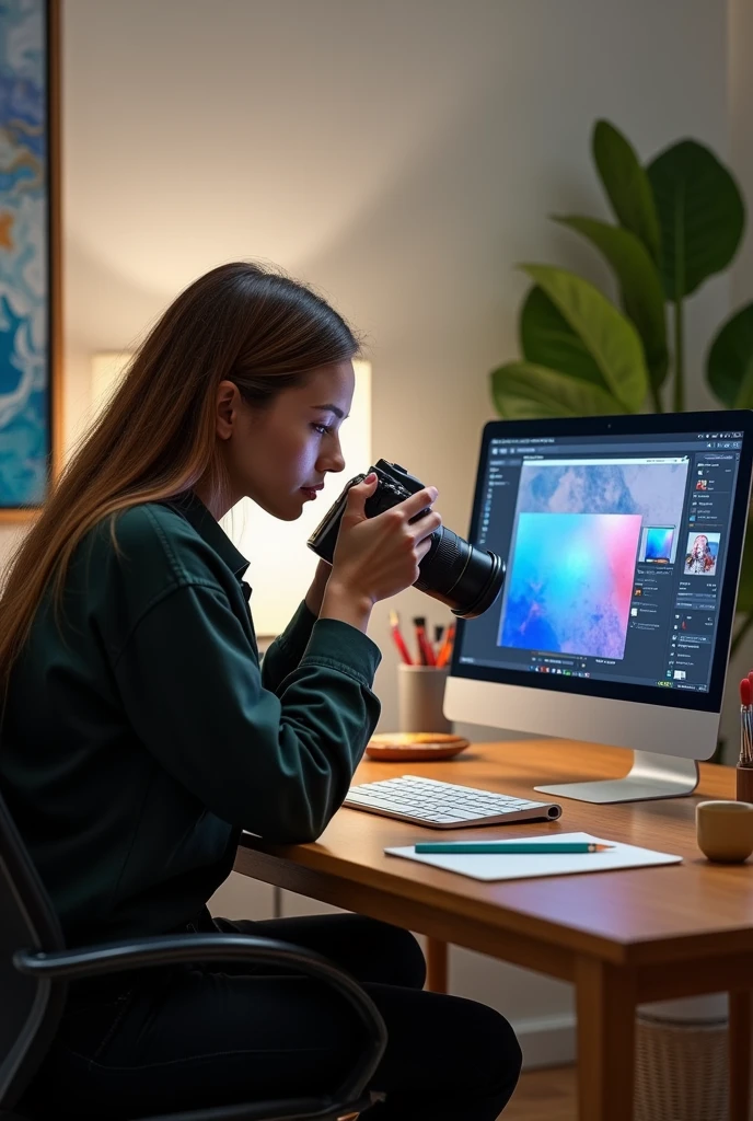 

Generate an image that represents an innovative platform concept for photography and art with a focus on mental health. It shows a modern and creative environment, with a person (model or professional) working with a camera and a laptop. The computer screen should display editing software and artificial intelligence elements, such as a chat with an expert or advanced tools. Includes artistic details such as paintbrushes and a notebook with notes. The environment should convey a combination of professionalism, Creativity and support in mental health Personal brand slogan photo 