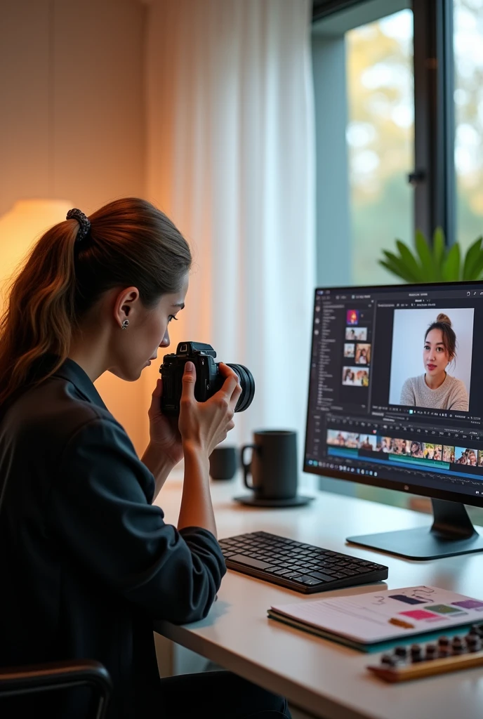 Generate an image that represents an innovative platform concept for photography and art with a focus on mental health. It shows a modern and creative environment, with a person (model or professional) working with a camera and a laptop. The computer screen should display editing software and artificial intelligence elements, such as a chat with an expert or advanced tools. Includes artistic details such as paintbrushes and a notebook with notes. The environment should convey a combination of professionalism, Creativity and support in mental health Personal brand slogan photo
