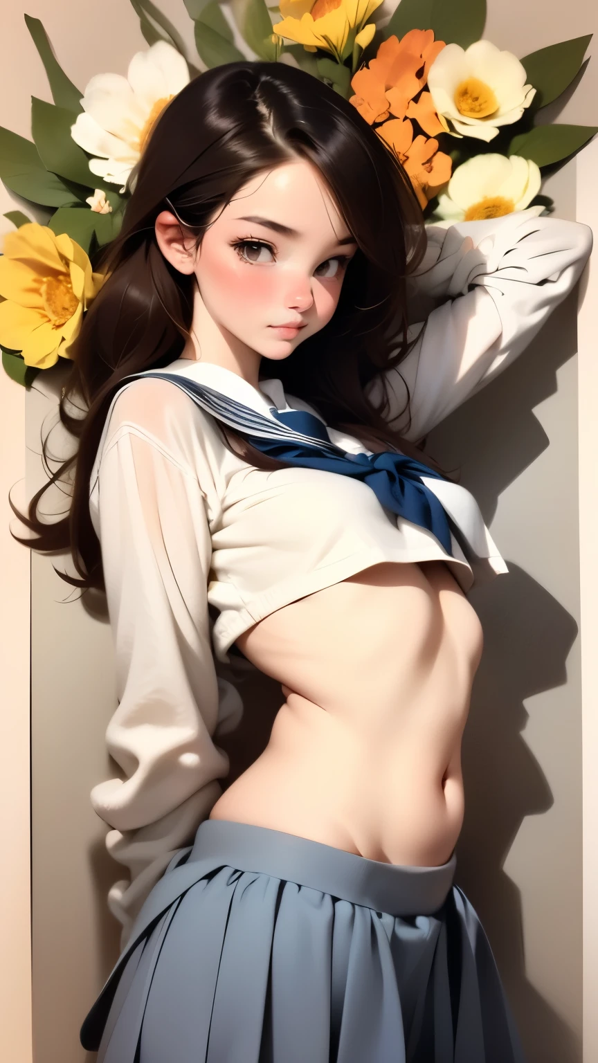 Poster,(a lot:1.2),((Art Deco,Botanical Art,Flower Art)),(Floral:1.2),Lily flower,
(masterpiece, Highest quality),(Vibrant colors,colorful),(Amazing details,Detailed Background),Anatomically correct,Accurate drawing,Detail View,Sense of luxury,

Perfect Anatomy, Girl takes off clothes:1.6, Bare Belly,belly button, Grey Hair, Grey Eyes, 
(school uniform:1.5),