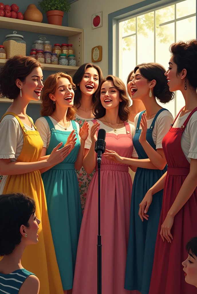 grocery store women singing at home with microphone wearing different clothes

