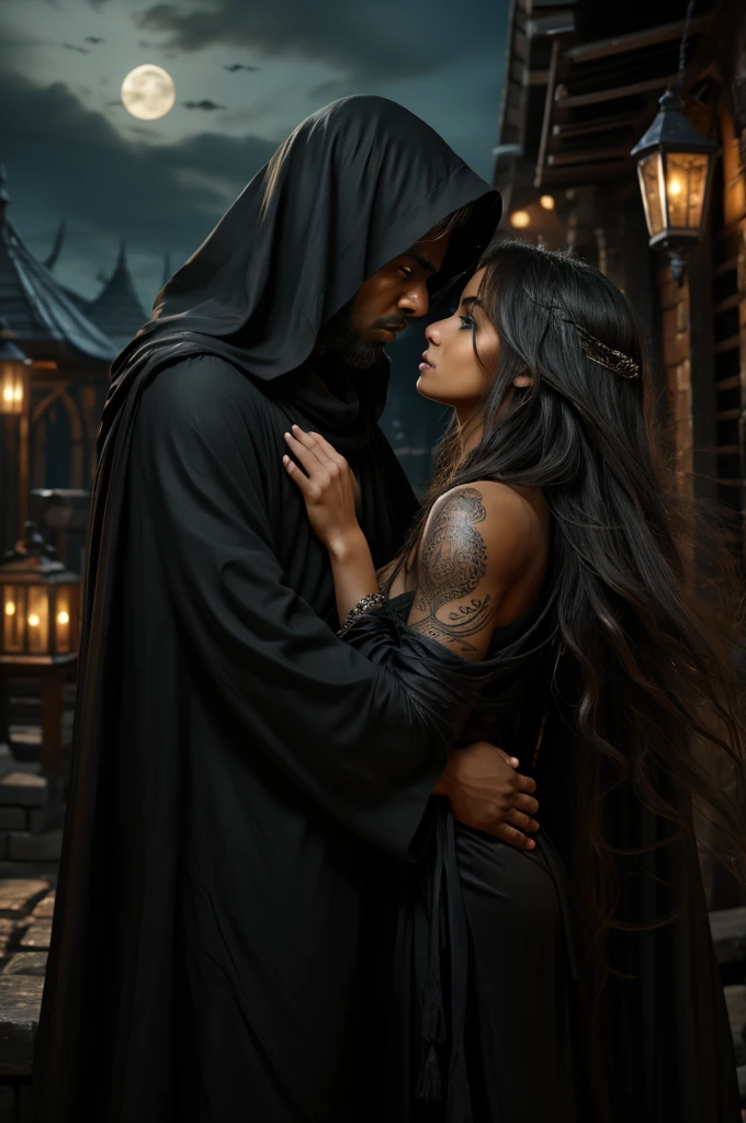 Top Quality, Photorealistic, 8K, High Definition, absurd res, high res, ultrasharp, masterpiece, (masterpiece), best quality, expressive eyes, perfect face, Super eyes, Attractive Male Drow Mage, man bun, dark skin, crystal staff, silky robe, kissing muscular high elf husband, fantasy town, night time, tattoos, love, embracing, judgemental crowd,