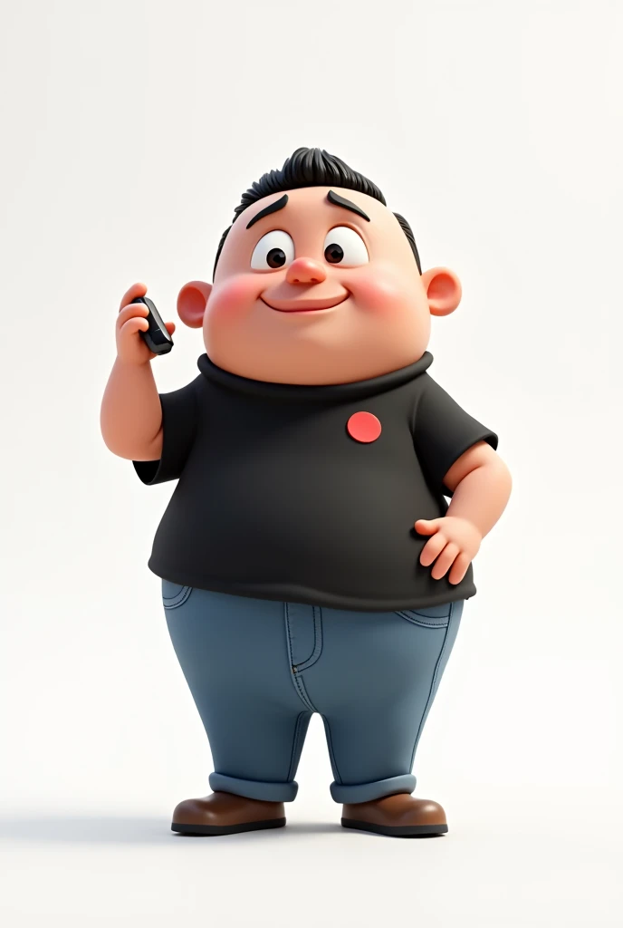 Create a Disney Pixar style character in a white setting a white man,Round face, narigudo, with thick eyebrows, the short hair, short, wearing a black t-shirt with a red circle on the left chest and jeans, with one hand holding a cell phone and the other pointing upwards
