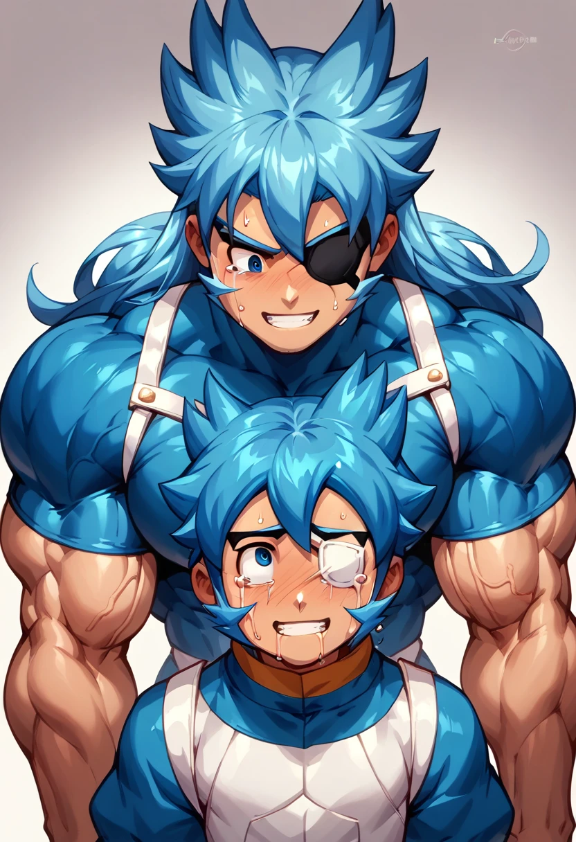 (masterpiece, Highest quality:1.2), smile, View your viewers, (((Huge muscles､Huge penis))),David,A tight suit with white lines,Sakuma Jirou,((Young boy,Little,Eye patch,Deep cobalt blue hair color,Long Hair)),Crying face,A lot of drool, sweat, and ,Looking into the distance,Shaking violently,Anal Sex,Look up and grit your teeth,Harness,Imminent sexual activity,kiss