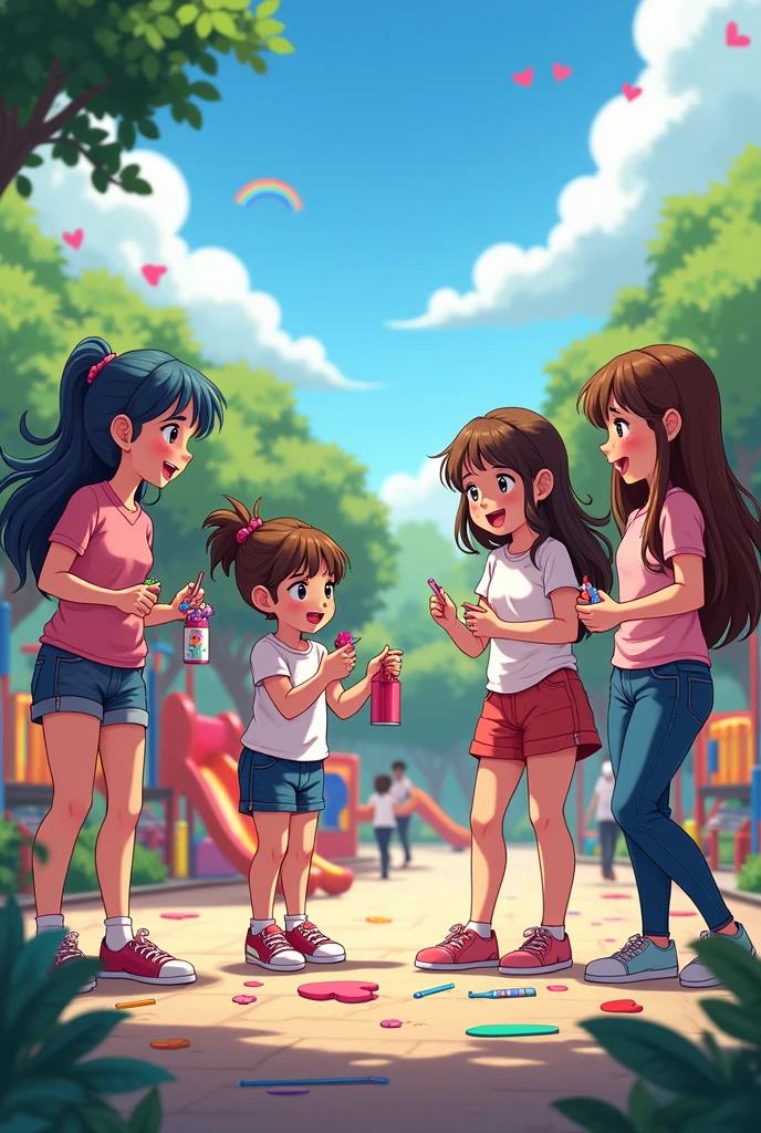 Image of 3 girls and 3 teenage girls at recess in a playground,, talking preparing things for valentine&#39;s day
