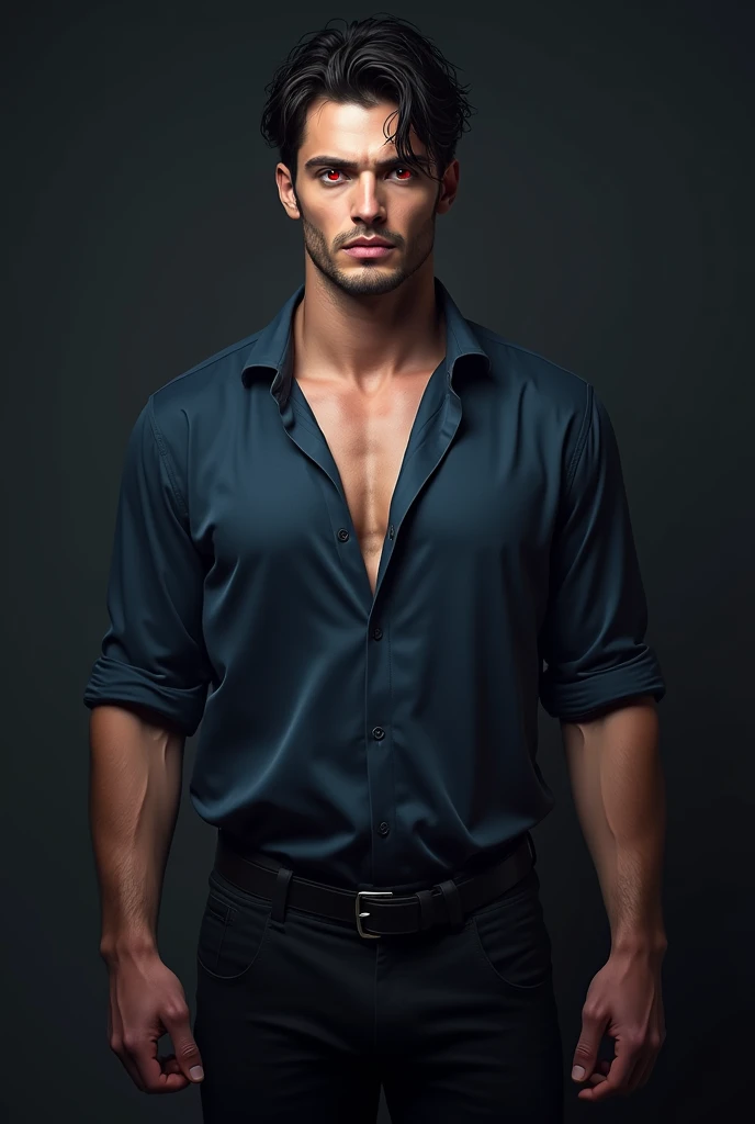 A man, messy black hair, soft and delicate skin slightly rosy, red eyes full of fire, muscular body, He is wearing a dark blue loose silk shirt and tight pants,