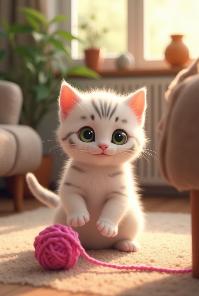Generate an image of an adorable kitten with white fur and gray spots, playing with a pink yarn ball in a cozy corner of a living room bathed in warm afternoon light. The kitten has large curious green eyes and small upright ears, displaying an expression of curiosity and cuteness.