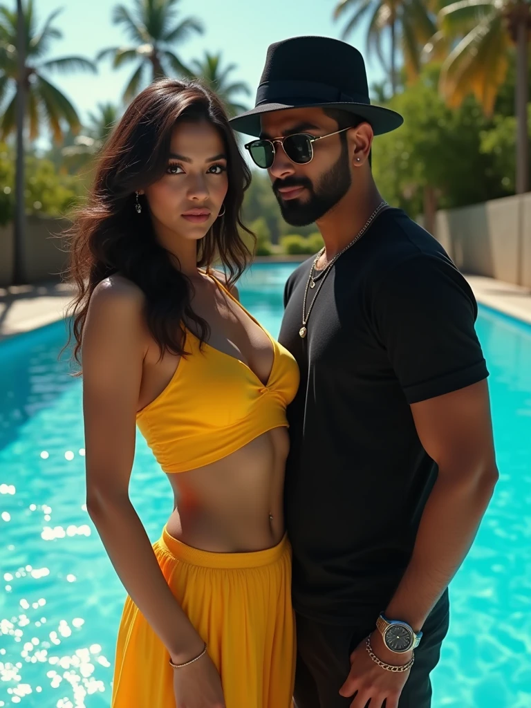 a sexy Indian woman wearing a yellow crop top, next to a handsome Indian man wearing a bowler hat and a black t-shirt, realistic photography, highly detailed, high contrast, an Olympic pool in background,