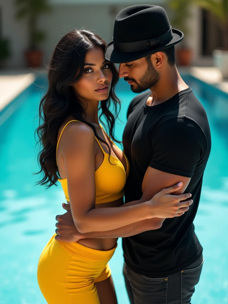 a sexy Indian woman wearing a yellow crop top, next to a handsome Indian man wearing a bowler hat and a black t-shirt, realistic photography, highly detailed, high contrast, an Olympic pool in background,