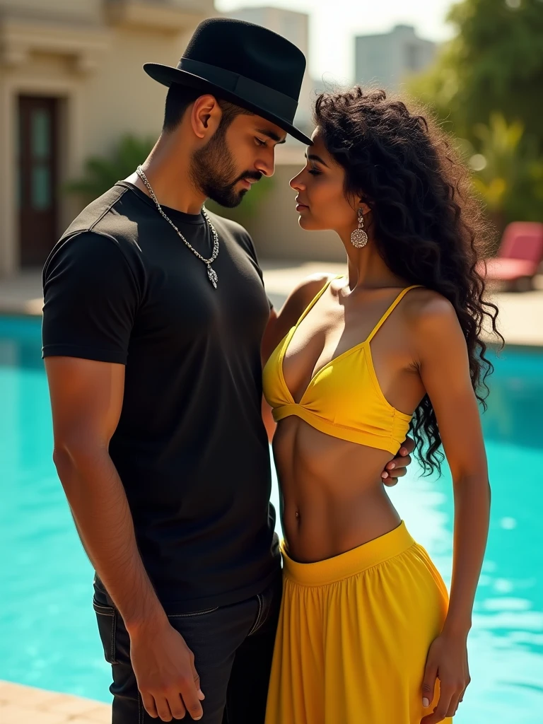 a sexy Indian woman wearing a yellow crop top, next to a handsome Indian man wearing a bowler hat and a black t-shirt, realistic photography, highly detailed, high contrast, an Olympic pool in background, 