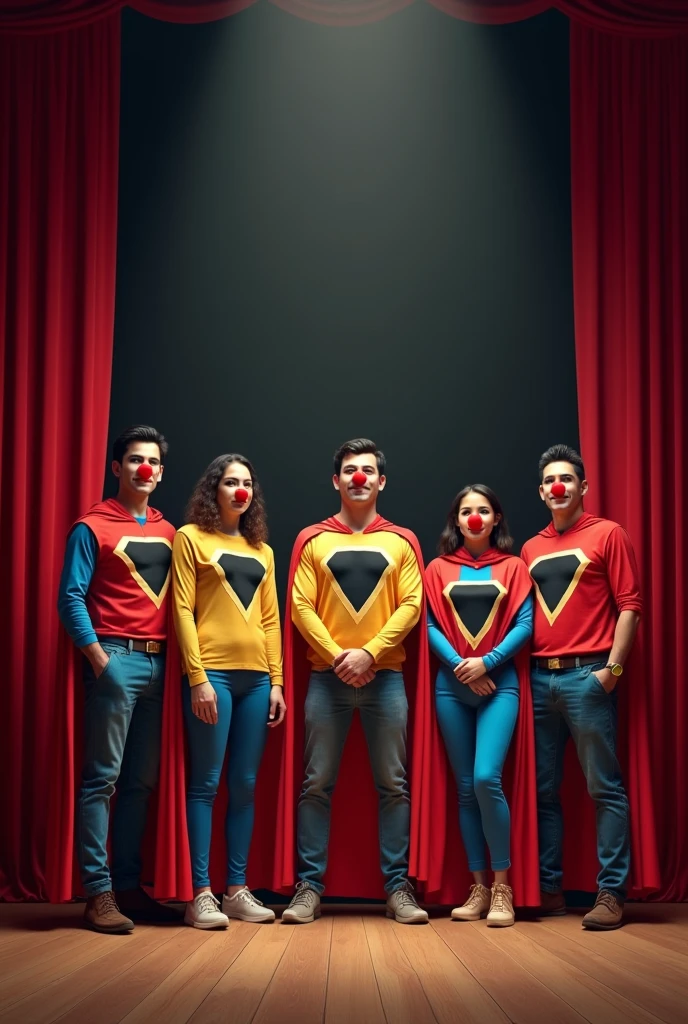 A group of 5 ordinary people, Men and women with Latin features between 8 and 60 years old, dressed as superman with a cape, They wear a colorful shirt with a black rectangle in the center, They wear a small red Clown nose , They are standing in the middle of a theatre stage with the curtain open., doing different positions
