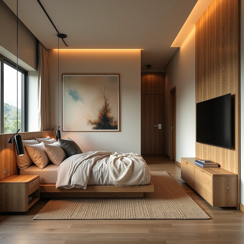 Make a stylish bedroom and wood colors, where you have a the bed, tv