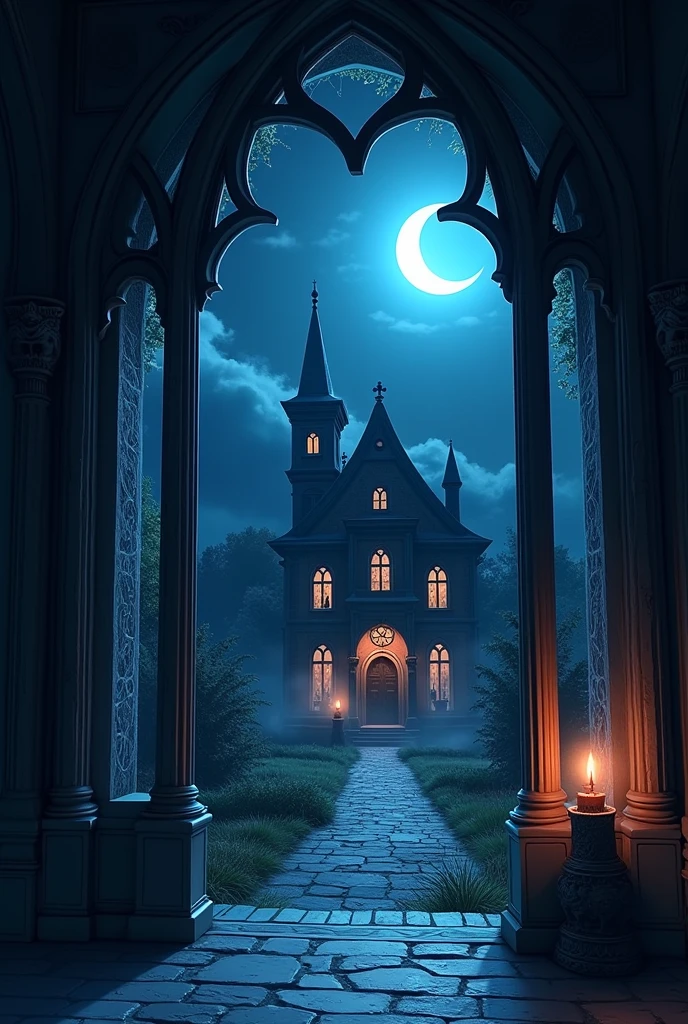 view from inside a scary gothic themed mansion at night blue setting, in anime style