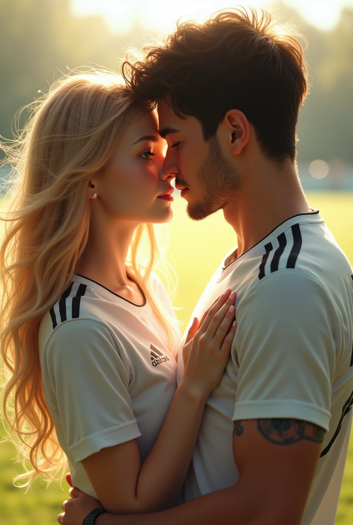 Girl with yellow hair, white skin color, green eyes, long eyelashes, slightly thick lips, kissing a soccer player boy in a white uniform, dark black hair