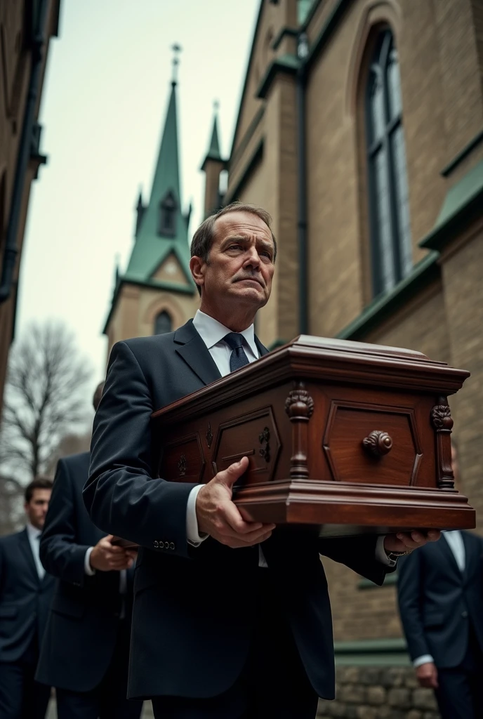 An adult carrying a coffin outside the church waiting for it to be opened