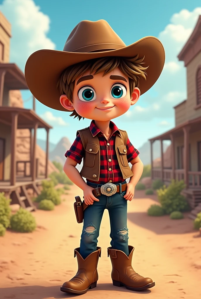 A cartoon character of a little Brazilian boy with fair skin and freckles, blue colored eyes, with messy light brown hair like he had just taken off his hat, in a western, wearing a brown leather vest, a little worn, red and black flannel shirt, With short sleeves, dark blue jeans slightly ripped at the knee, cowboy boots and a silver buckle