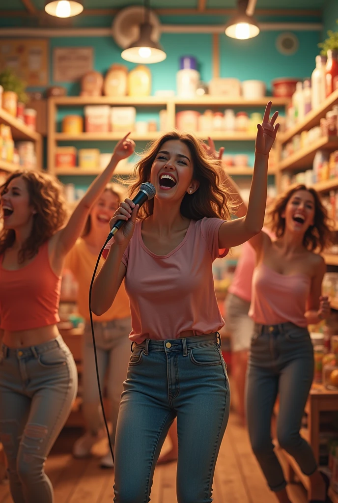 grocery store women doing karaoke at home with microphone