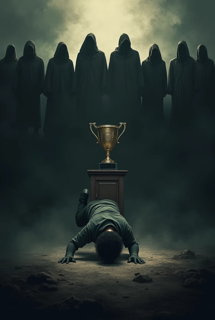 I want a vertical poster that represents a competition where there is corruption. The protagonist will be falling face down. In the middle of the composition there will be a trophy and at the top a group of people gathered together in a darker tone., The person is falling into a void, The people above have their faces covered and a rap competition