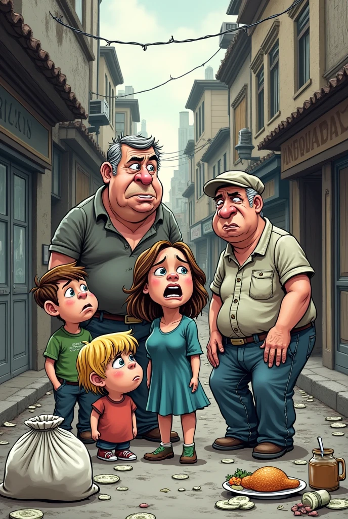 A newspaper cartoon about the economic crisis and poverty