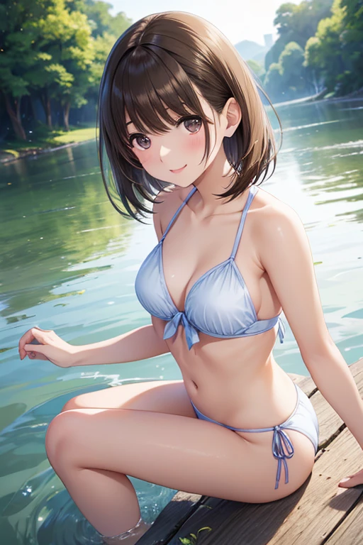 top-quality、hight resolution,  pink micro bikini girl、座ってopening legs、small tits、younger sister、A dark-haired、hot onsen、 Looks like a model, Idol Grace,   full of sweat、tiny chest、mountain view in the background、ssmile、red blush、opening legs、Spread your legs、