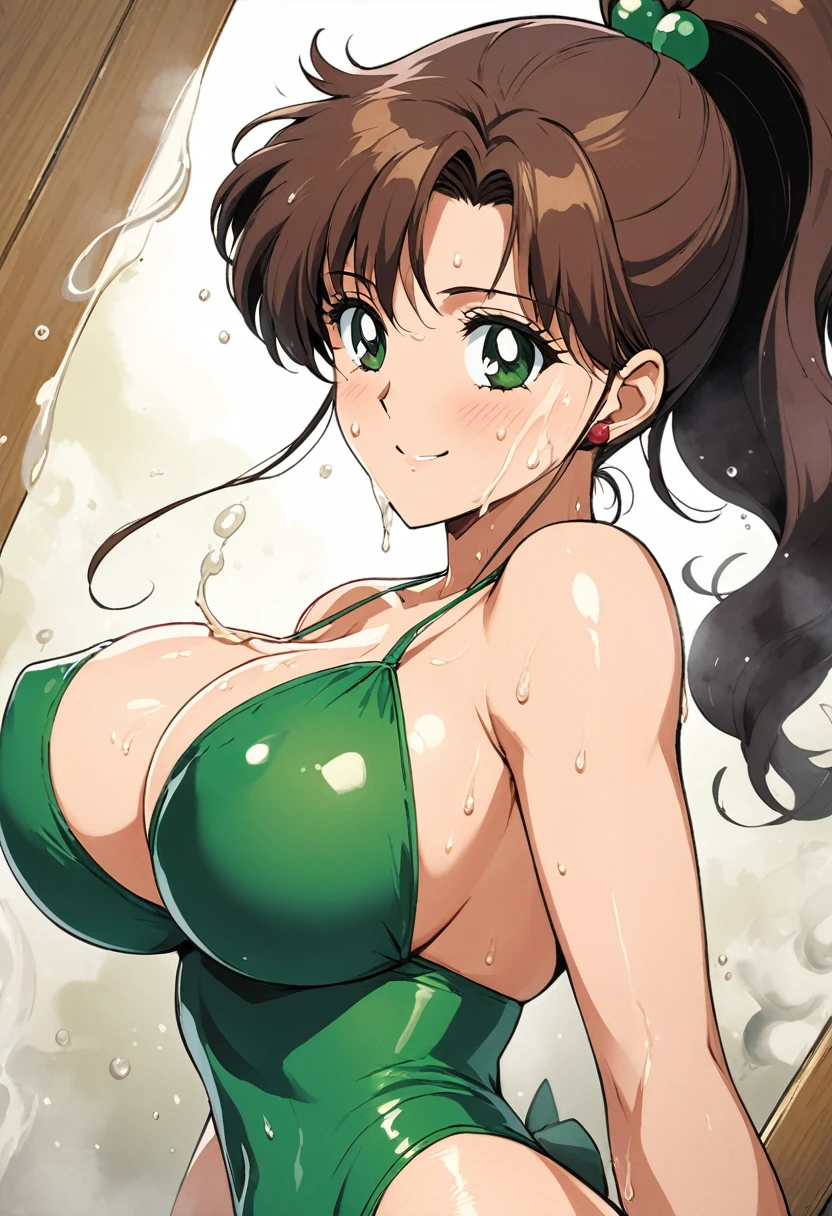 masterpiece, Highest quality, High resolution, (Makoto Kino),1990s \(style\),Green Swimsuit、Green Bikini,(E-cup beautiful breasts)、tall、Sweating all over the body、vapor、Beautiful big boobs、Muscular、sexy、Face writhing in pleasure、The whole body is covered in sex fluids、Sweaty、Configuration from the front、smile、Shyness、Smile、Semen splattered on face、Anime-style painting style,Brown Hair、ponytail、Composition that focuses on the upper body