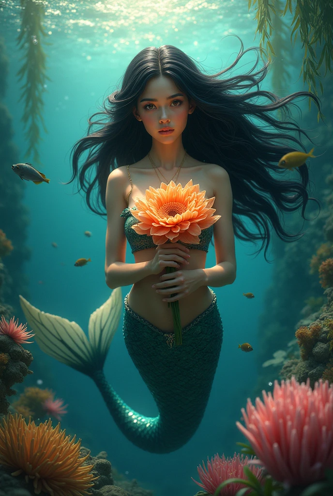 mermaid, black hair, swimming in the seas with a big flower in her hands, looking at the camera