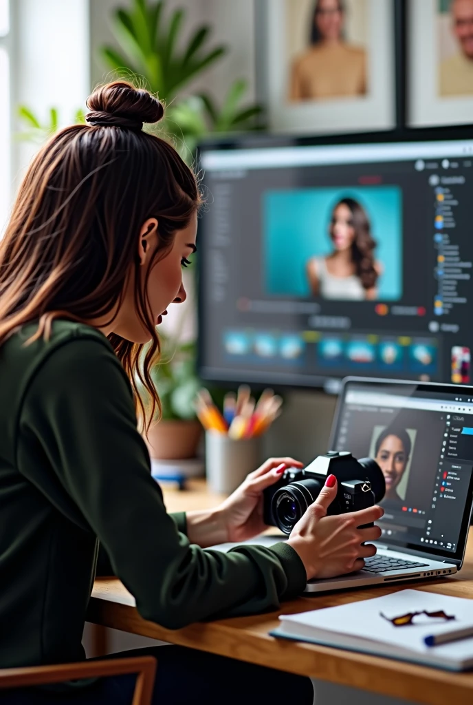 Generate an image that represents an innovative platform concept for photography and art with a focus on mental health. It shows a modern and creative environment, with a person (model or professional) working with a camera and a laptop. The computer screen should display editing software and artificial intelligence elements, such as a chat with an expert or advanced tools. Includes artistic details such as paintbrushes and a notebook with notes. The environment should convey a combination of professionalism, Creativity and support in mental health