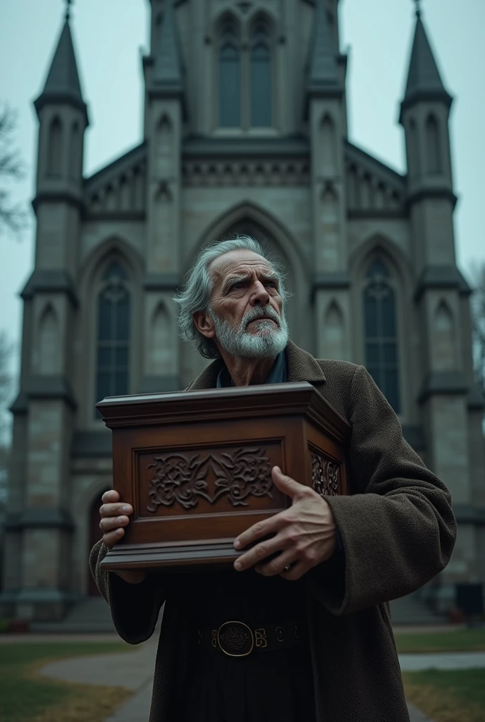 Desperate father carrying a coffin outside the church waiting for it to be opened