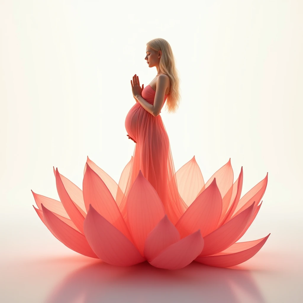 full length, blonde pregnant woman, Beautiful face, dress made of red rose petals, Light pink and light white tones, Esbian Full Body, White background, daylight, Efeito de Luz, Minimalistic, Solar, pure tenderness, soft lighting, Realism. beautiful woman, which (collarbone, shoulders) posing with his back (prays and stands) on a super giant lotus with double and long petals (petals made of thin, soft transparent,streaming, fabrics, full background of flowing petals, floating flower, super flying petals, Smoke effect, Fog, mixed with petals), lotus dress, ((ss-through)) full length. ReV Animated