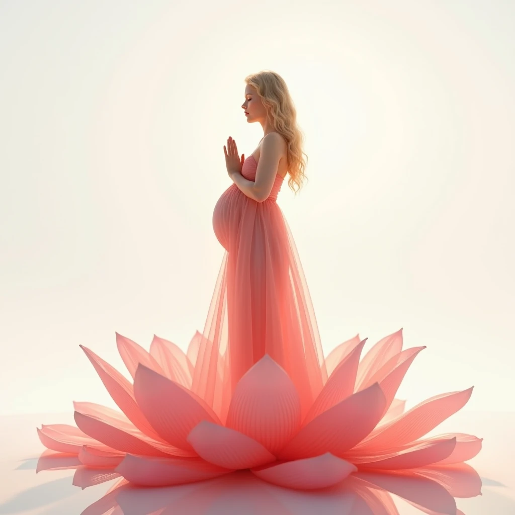 full length, blonde pregnant woman, Beautiful face, dress made of red rose petals, Light pink and light white tones, Esbian Full Body, White background, daylight, Efeito de Luz, Minimalistic, Solar, pure tenderness, soft lighting, Realism. beautiful woman, which (collarbone, shoulders) posing with his back (prays and stands) on a super giant lotus with double and long petals (petals made of thin, soft transparent,streaming, fabrics, full background of flowing petals, floating flower, super flying petals, Smoke effect, Fog, mixed with petals), lotus dress, ((ss-through)) full length. ReV Animated