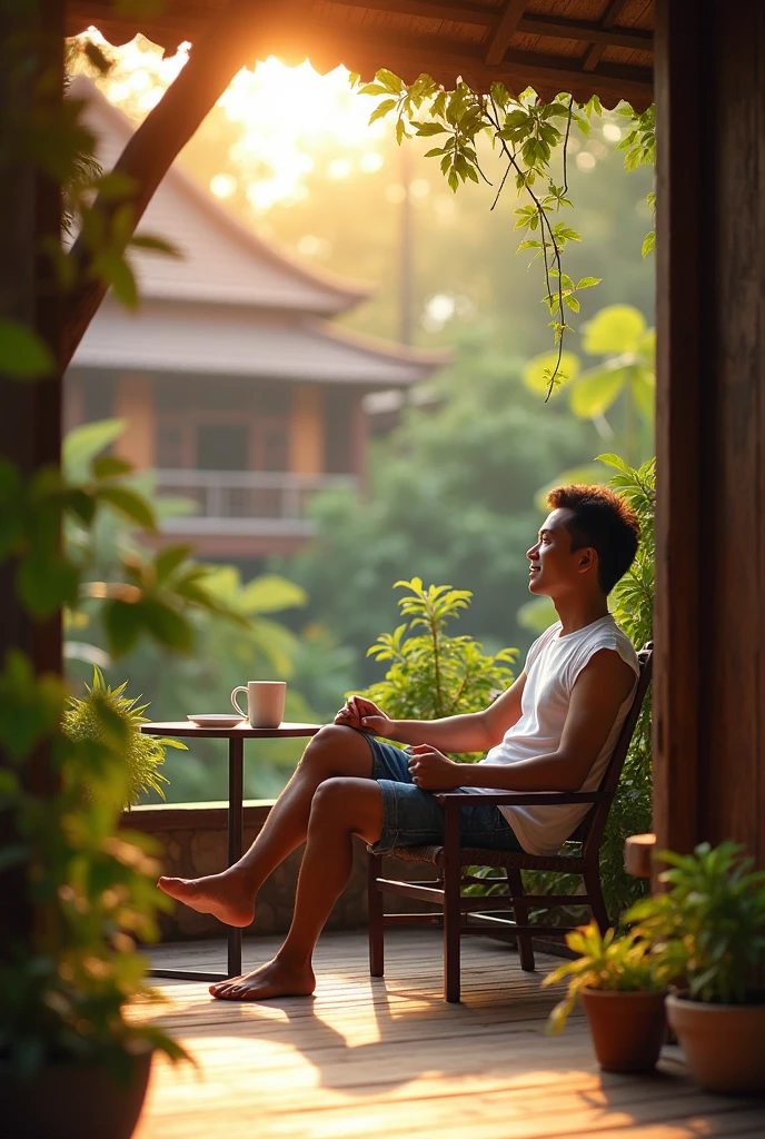 photo shot, Indonesian man sitting on the terrace of an Indonesian house, table and coffee beside him, image inspired by Wang Duo, Instagram, sunny morning atmosphere, h 7 0 4, white sleeveless t-shirt and jeans shorts, Li Zixin, 4 colors! !!, 360