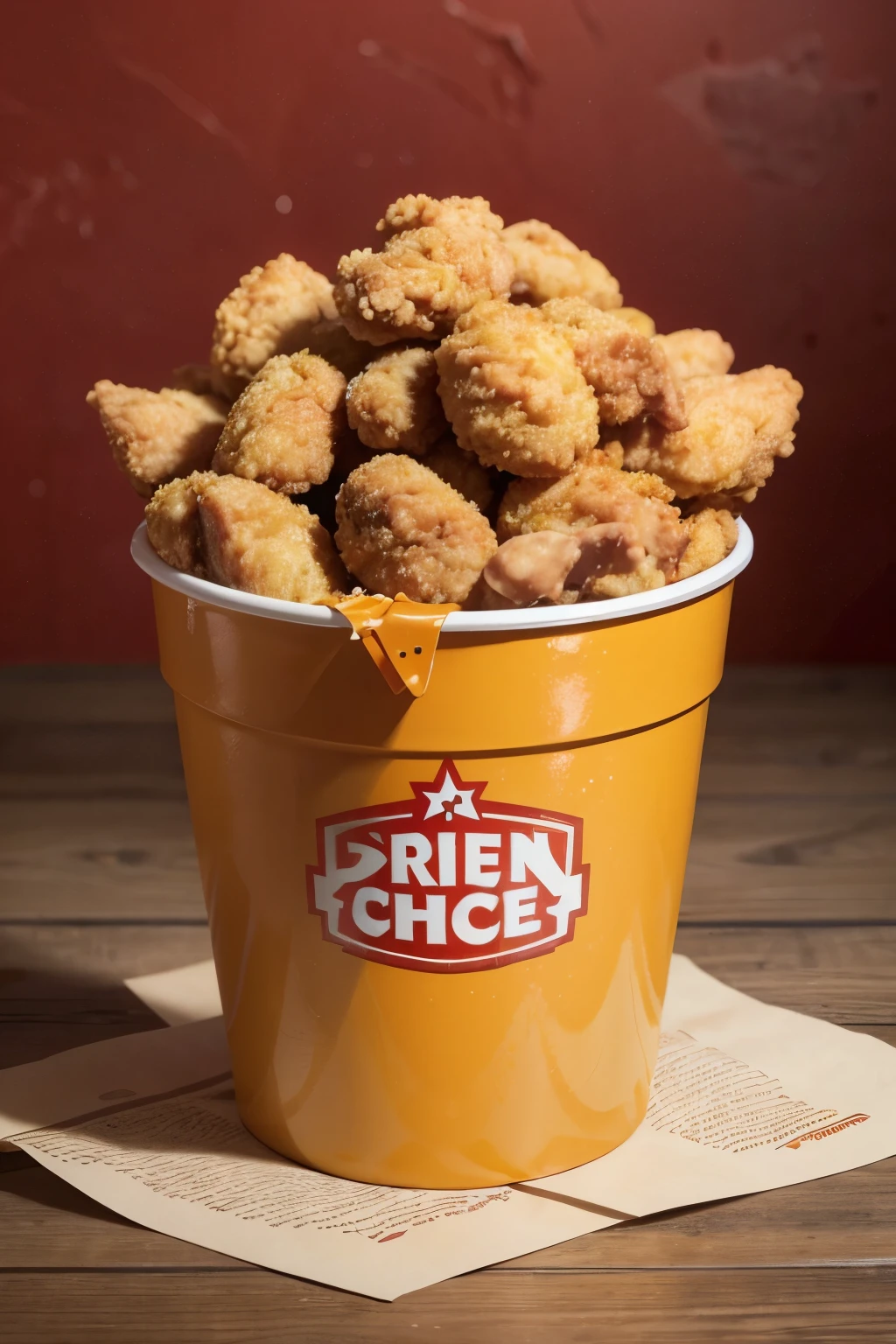Create a promotional image for a fried chicken combo in a paper bucket. The image should be vibrant and eye-catching, featuring a paper bucket full of crispy fried chicken pieces with fries. Include drinks next to the bucket, showing that the combo includes beverages. The price should be prominently displayed in bold, large font, using warm colors like orange or red to create contrast with the background. Add fun and modern visual details, such as stars or food icons around the bucket, evoking a sense of flavor and excitement. The design should be clear and easy to understand, with a strong emphasis on the irresistible offer