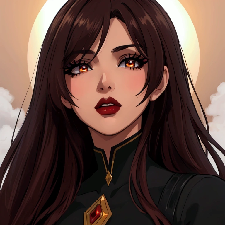 8k, highest quality, masterpiece, photorealistic, ultra-detailed, extremely detailed eyes and face, beautiful detailed lips, long eyelashes, dark brown hair, dark brown eyes, red lips, anime, closeup, dynamic pose, dramatic lighting, cinematic, simple background, vibrant colors, digital art