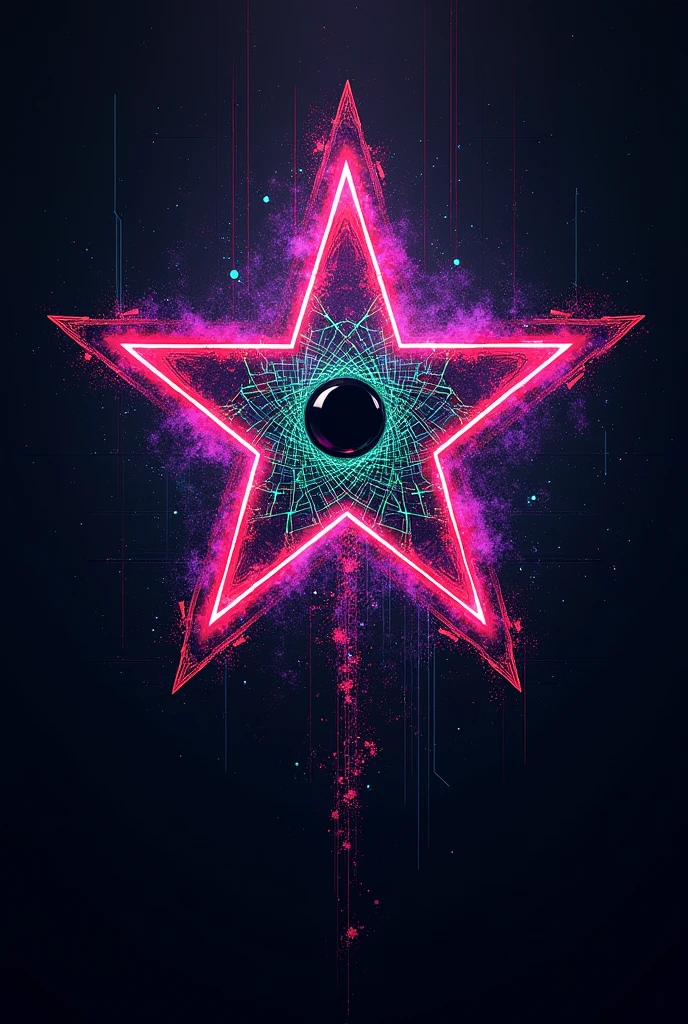 Create a straight cyberpunk style flag with purple, green, red, neon, psychedelic, animated style colors with a black background with an eye in the center of the banner and inside the eye a 5-sided star inside that is filled with the aforementioned colors.