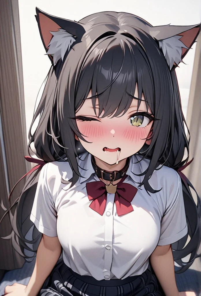 High resolution, masterpiece, Highest quality, High-resolution model, One girl, front、Yankee sitting、White shirt、Ribbon on collar、Attractive underwear、Cat ear, Blushing, Drooling, Close one eye, Short check skirt、Attractive underwear
