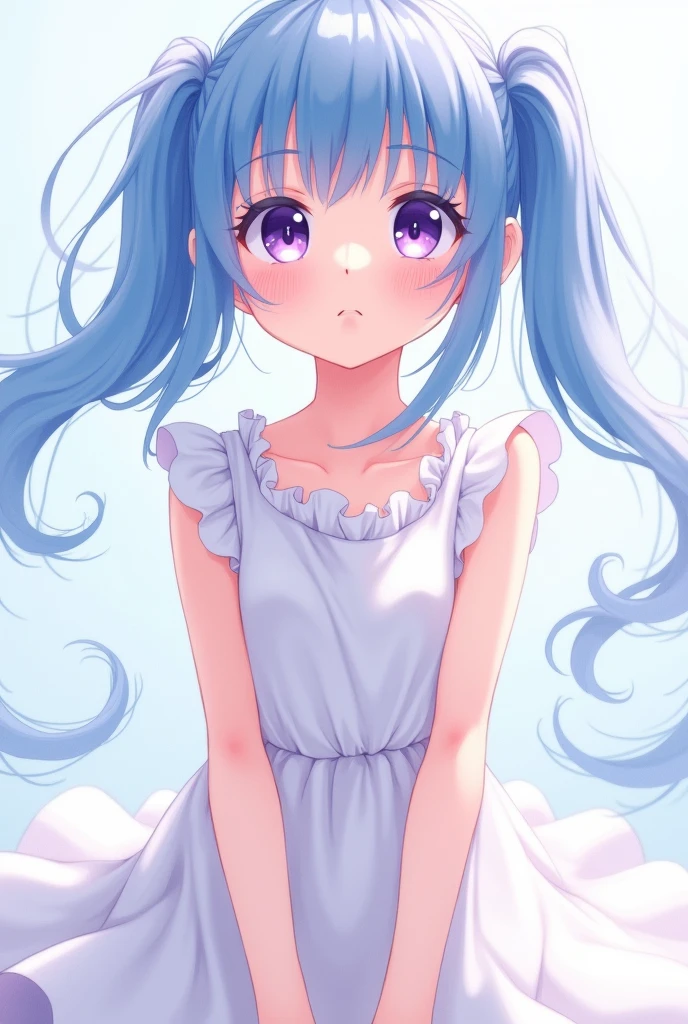 Girl with blue pigtails, white dress and purple eyes anime