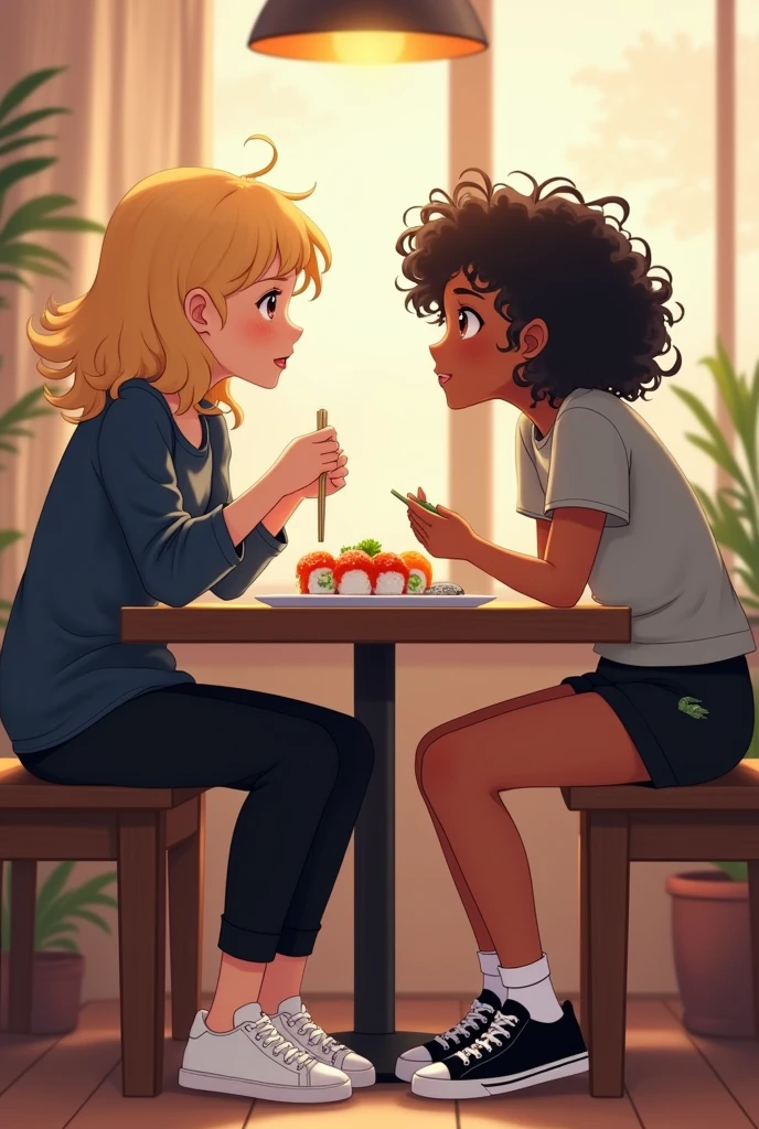 A girl with light brown eyes and curly blond hair, white skin, wearing a dark blue blouse and black pants, wearing white sneakers and black pants, smiling together with a girl with black eyes and curly black hair, smiling, wearing a gray blouse and black Lacoste shorts, wearing white socks and black and white details on her sneakers, both eating sushi in a restaurant. .