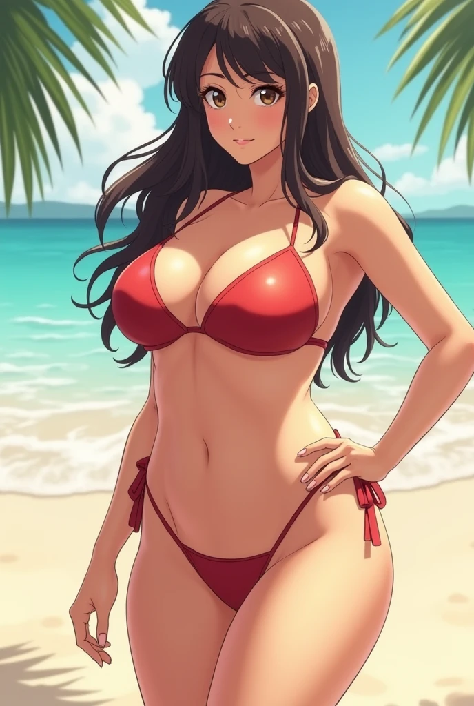 Draw a voluptuous anime version of a woman in a bikini and with shaped buttocks
