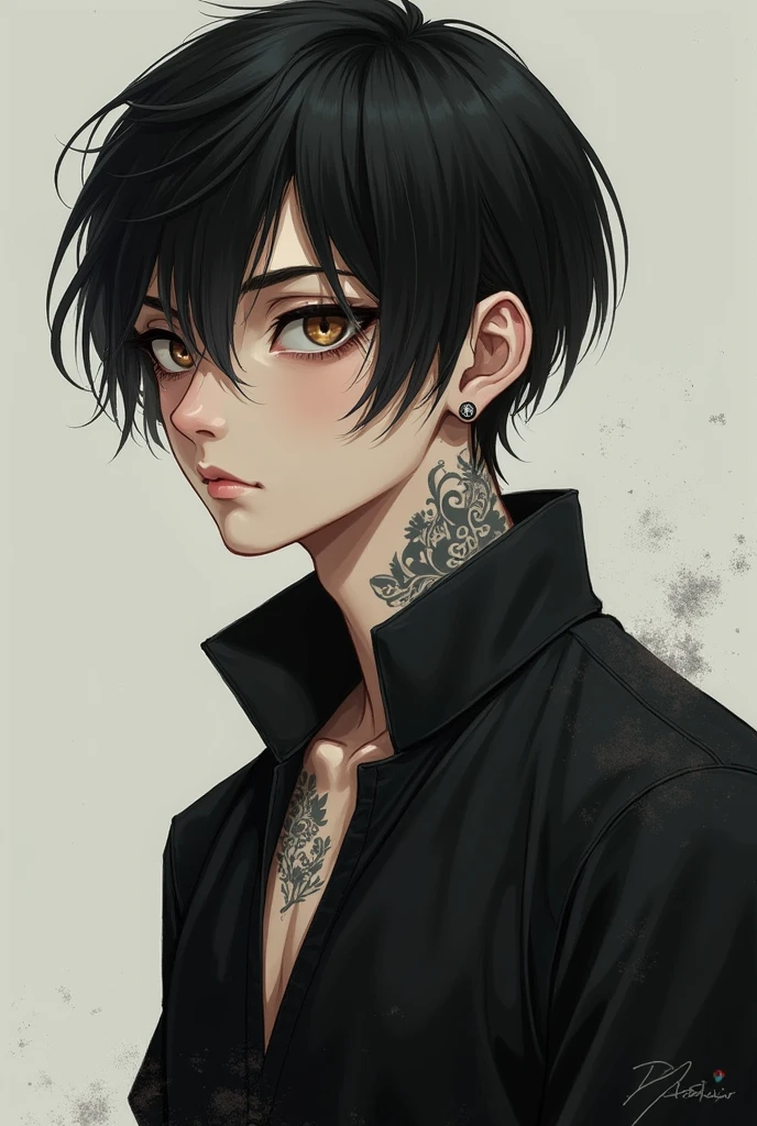 A man with black hair, short and smooth, from 50 to 70 kg , white, wearing black clothes, tatuados , nose piercing, Scrawny, eyes browns, 19yearsold , depressive