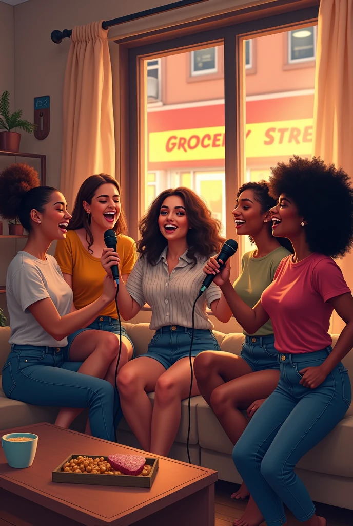 grocery store women doing karaoke in living room with microphone