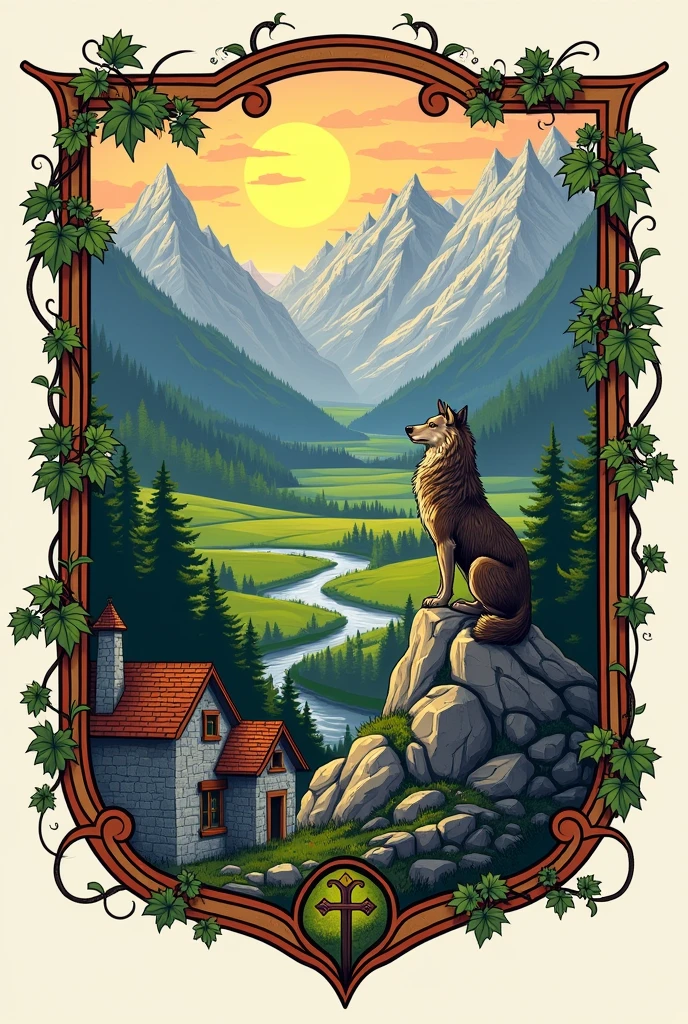 Make coat of arms of village. Make it with symbol of wolf in mountain, sun shines, big river and big rich field with mountain in background, edit with willow leafs and grapes. add cross sign. Add and old houses made of stones