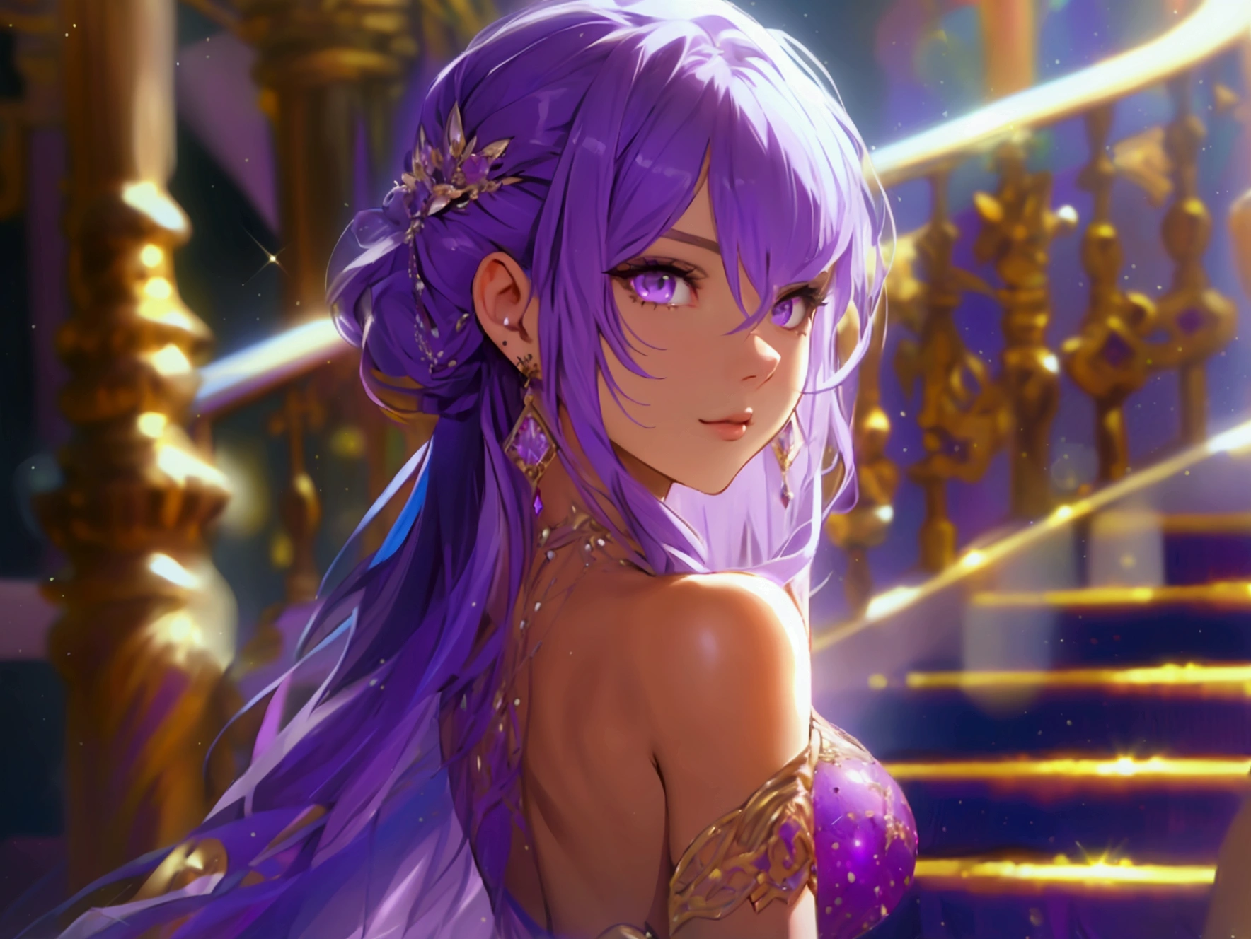 a high resolution, 1 girl, long hair, purple hair, looks at the viewer, Jewelry, purple eyes, earrings, beautiful red ball gown,movement lines, Shine, luxury staircase background, Close-up,